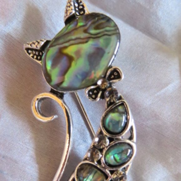 nwot Cute Silver Tone & Abalone CAT Brooch 2" (F17) - Picture 2 of 3